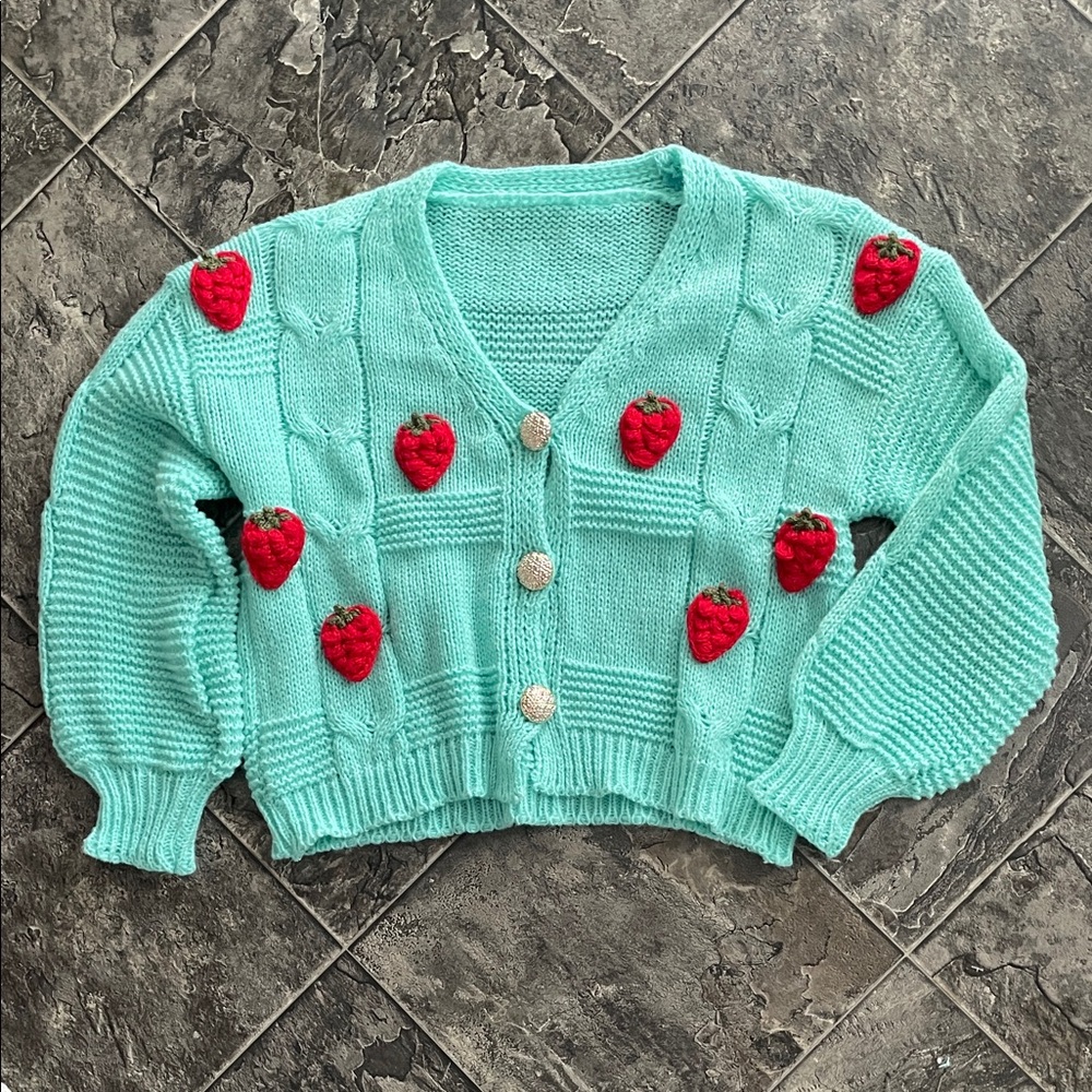 Aqua Blue Cardigan w Red 3D Strawberries Whimsical Cottagecore Coquette Fairy